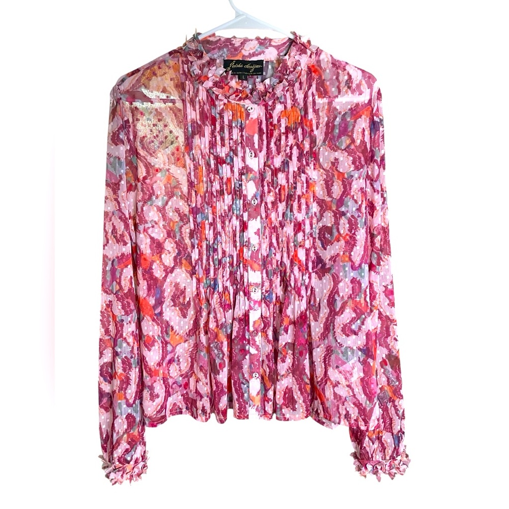 Geisha Designs Floral Pink Blouse L